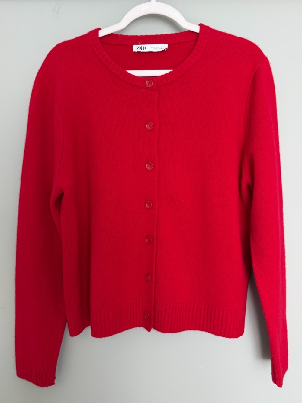 Zara 100% Wool Bright Red Classic Preppy Minimalist Button Front Cardigan